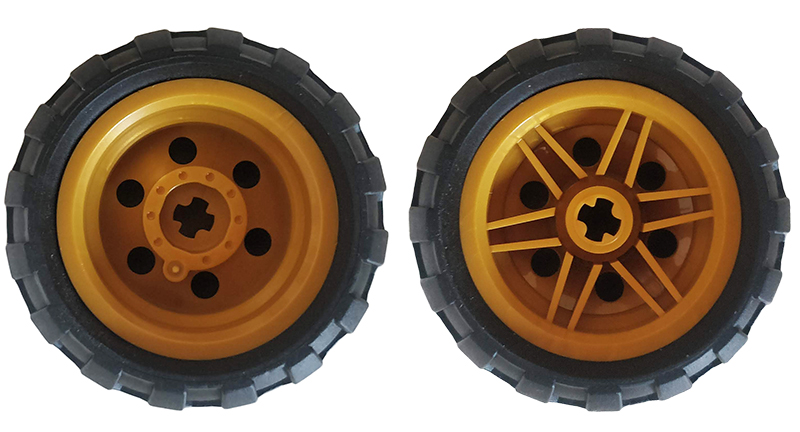 Two yellow-hubbed LEGO wheels with black tires, one plain and one spoked.