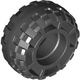Dark grey LEGO Tire 37 x 18R (part 56891) with a distinct, rugged block tread pattern, shown angled.