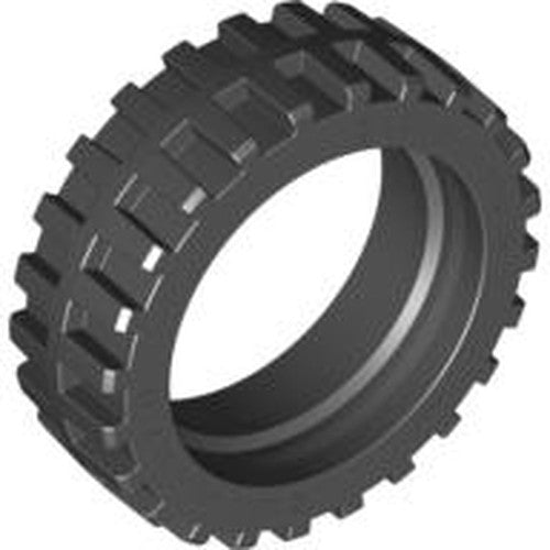 LEGO dark gray tire 43.2 x 14 with offset tread pattern and smooth inner rim, viewed at an angle on a white background.