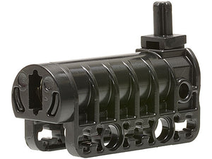 Black LEGO 57029c01 projectile launcher or cannon part with a flat bottom and a top pin.