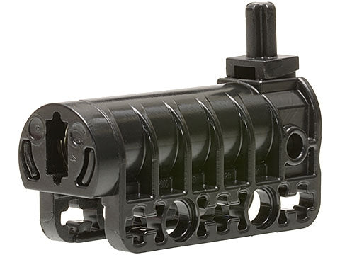 Black LEGO 57029c01 projectile launcher or cannon part with a flat bottom and a top pin.