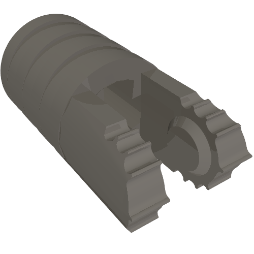 Dark gray LEGO Hinge Cylinder 1 x 2 Locking (part 57360) with 2 fingers and an axle hole, angled view.