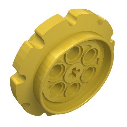 A large yellow LEGO Technic tread sprocket wheel, part 57519, showing its outer teeth and inner cross axle and pin holes.