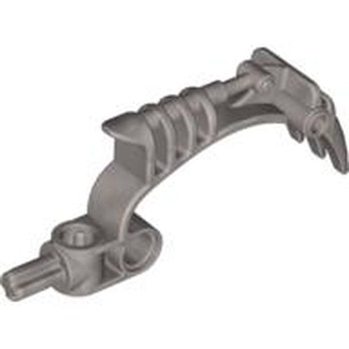 Gray LEGO Bionicle Barraki Mandible (part 57554), a curved piece with ribbed detail, a hinge, and a claw end.
