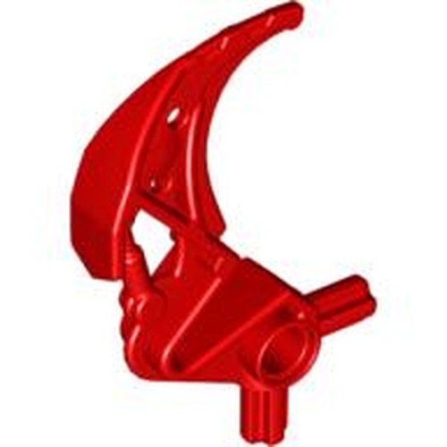 Red LEGO Bionicle Barraki Mantax pincer weapon piece with a curved blade and connection points.