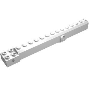 White LEGO 57779 crane arm, wide, with studs, a central pin hole, and a Technic axle hole at one end.
