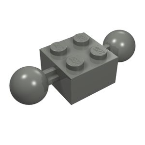 A gray LEGO Technic brick modified 2x2 with four studs on top and two ball joints extending from opposite sides.