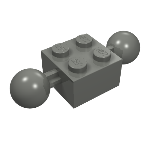 A gray LEGO Technic brick modified 2x2 with four studs on top and two ball joints extending from opposite sides.