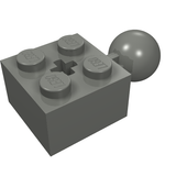 A gray LEGO Technic Modified 2x2 Brick with 4 studs, a central cross axle hole, and a ball joint extending from its side.