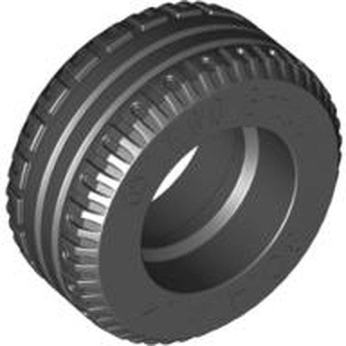 Dark gray LEGO Tire 30.4 x 14 Solid, component 58090, featuring a distinct tread pattern, viewed at an angle.