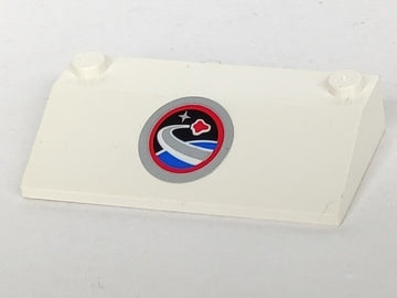 White LEGO Slope 33 3 x 6 without inner walls, featuring a circular Space Center logo sticker with a path, star, and cloud design.