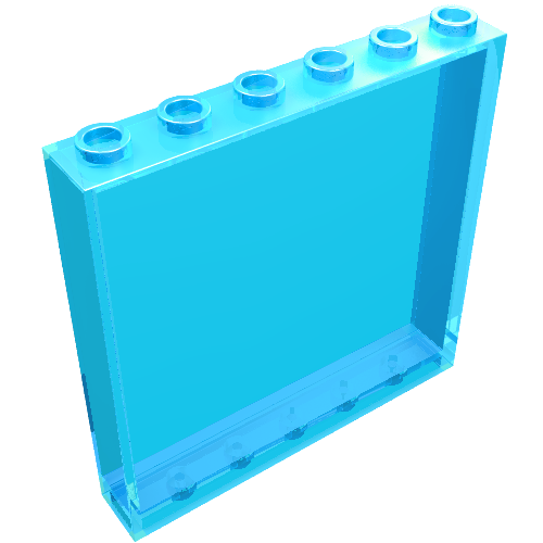 A transparent blue LEGO panel (part number 59349), 1x6x5, featuring hollow studs on top and corresponding tubes inside.