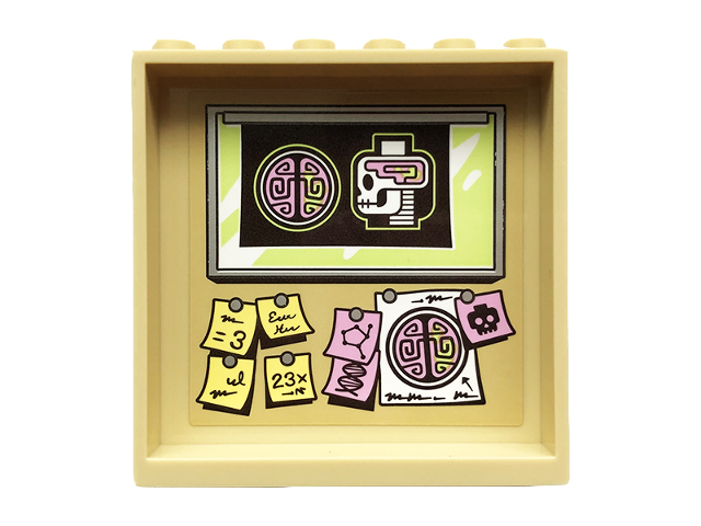Tan LEGO panel 1x6x5, featuring a sticker with a brain and skull X-ray, along with multiple pinned sticky notes.