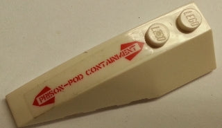 Off-white LEGO 6x2 left wedge brick featuring 'PRISON-POD CONTAINMENT' in red text with arrows on its sloped side.