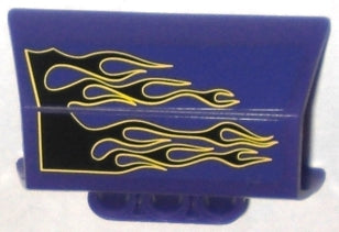 Dark blue LEGO Technic engine block half/side intake panel with black flames pattern outlined in yellow, model left side.