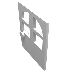 White LEGO 600 Door 1 x 6 x 6 FreeStyle element with arched top, window cutouts, and cylindrical handle, viewed at an angle.