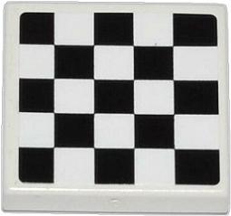 White LEGO 2x2 tile with a black and white checkered pattern sticker on top, showing a 4x4 grid of squares.