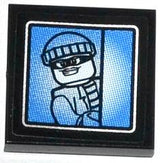 Black LEGO 2x2 tile with a sticker featuring a white bandit minifigure on a blue surveillance screen pattern.