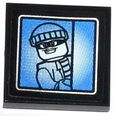 Black LEGO 2x2 tile with a sticker featuring a white bandit minifigure on a blue surveillance screen pattern.