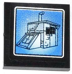Black LEGO 2x2 tile with sticker showing a white-outlined shed with a basement and chimney on a blue surveillance screen pattern.