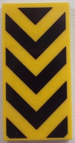 Yellow LEGO 2x4 tile with black chevron pattern sticker.