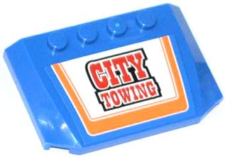 Blue LEGO 4x6x2/3 triple curved wedge plate with red 'CITY TOWING' text in an orange border on a white pattern.