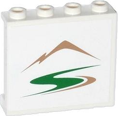 White LEGO Panel 1x4x3 with side supports, hollow studs, featuring a brown mountain and green 'S' road pattern.