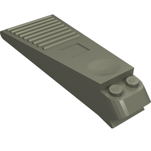 Grey LEGO Brick Separator 6007, showing ribbed and smooth surfaces, with two studs on its wedge-shaped end.