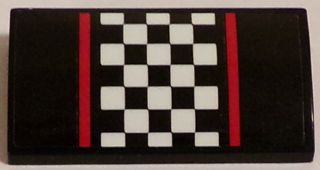 Black LEGO curved slope 2x4 brick with white and black checkered pattern and red stripes sticker, from Set 60084.