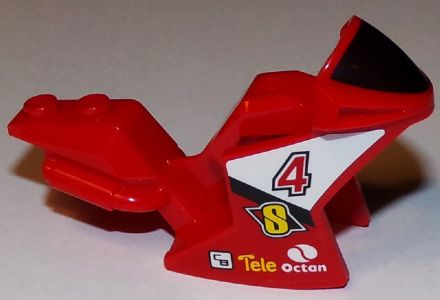 Red LEGO racing motorcycle fairing with black windshield, number 4, S, Tele, and Octan logos on white and black stripes.