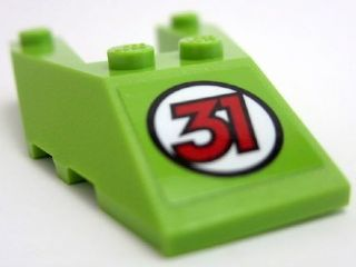 Lime green LEGO 6x4 wedge brick with cutout, featuring a white circular sticker with a red number 31.