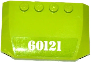 Lime green LEGO wedge brick, part 52031pb108, 4x6x2/3 triple curved, with white '60121' sticker on the front.