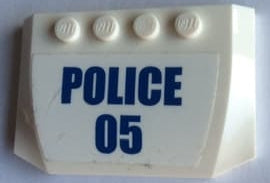 White LEGO 4x6x2/3 triple curved wedge brick with blue 'POLICE' and '05' printed on the front.