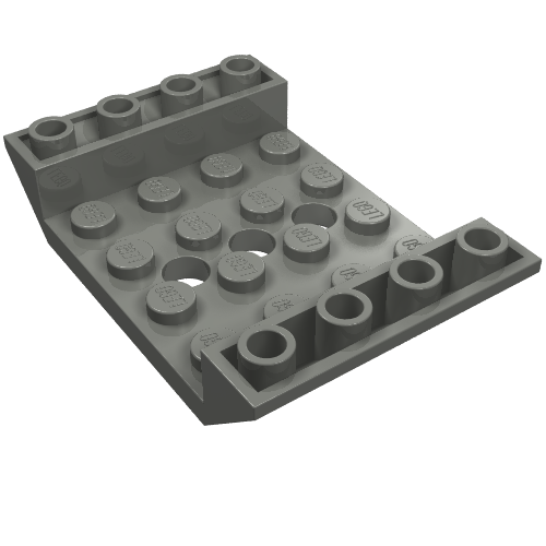A dark grey LEGO inverted 45-degree 6x4 double slope brick with a 4x4 cutout and three holes on the surface.