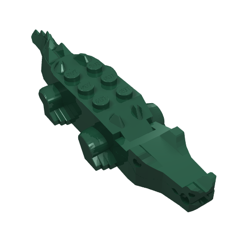 Dark green LEGO alligator/crocodile piece (part 6026c01) with textured back, four legs, and a molded head with teeth.