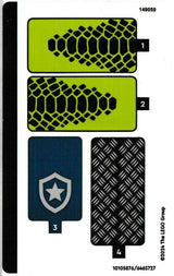 LEGO sticker sheet 60415: two green stickers with black snake scale patterns, a blue shield with a star, and a black diamond plate pattern.