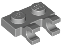 Dark gray LEGO 60470 Plate, Modified 1 x 2 with 2 U Clips, featuring two top studs and two U-shaped clips.