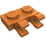 Close-up of an orange LEGO 1x2 modified plate, part 60470b, with two open O clips for horizontal connections.