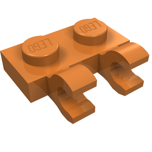 Close-up of an orange LEGO 1x2 modified plate, part 60470b, with two open O clips for horizontal connections.