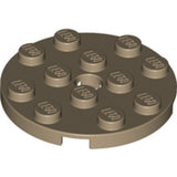Brown LEGO 4x4 round plate with 12 studs, central hole, and flat edge segment.