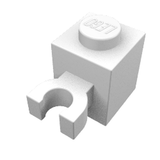 White LEGO 1x1 brick with a vertical U clip, featuring a solid stud on top. Part 60475.