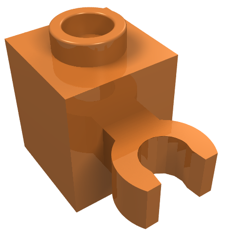 Orange LEGO 60475b 1x1 modified brick with an open O clip (vertical grip) and a hollow stud on top.