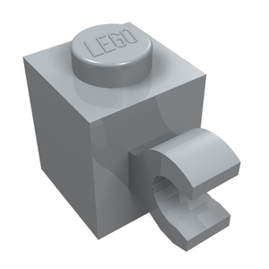 A light gray LEGO 1x1 modified brick with a horizontal clip, shown from an angled top-down view.