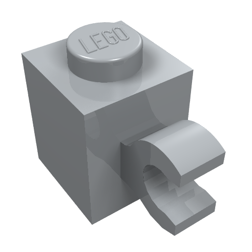 A light gray LEGO 1x1 modified brick with a horizontal clip, shown from an angled top-down view.