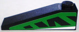 LEGO black Slope 18 4 x 1 with a green and black geometric pattern on the left side, featuring a single stud on top.