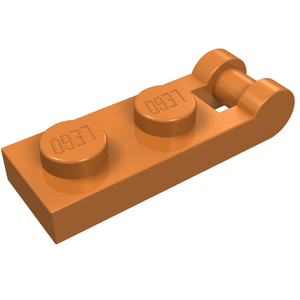 An orange LEGO Plate, Modified 1 x 2 with Bar Handle on End. The two studs have 'LEGO' embossed.