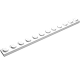 White LEGO 1x12 plate featuring 12 studs visible on top, angled view on a white background.