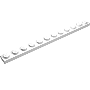 White LEGO 1x12 plate featuring 12 studs visible on top, angled view on a white background.