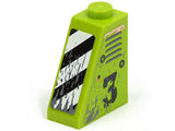Lime green LEGO 65 2x1x2 slope brick with vents, a worn '3' on the left, and black and white danger stripes on the front.