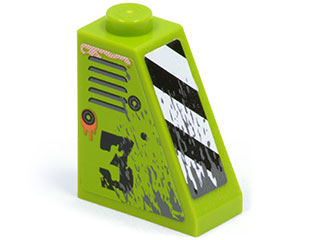 Lime green LEGO slope 2x1x2 brick with side vents, a worn number '3', and front black and white danger stripes.